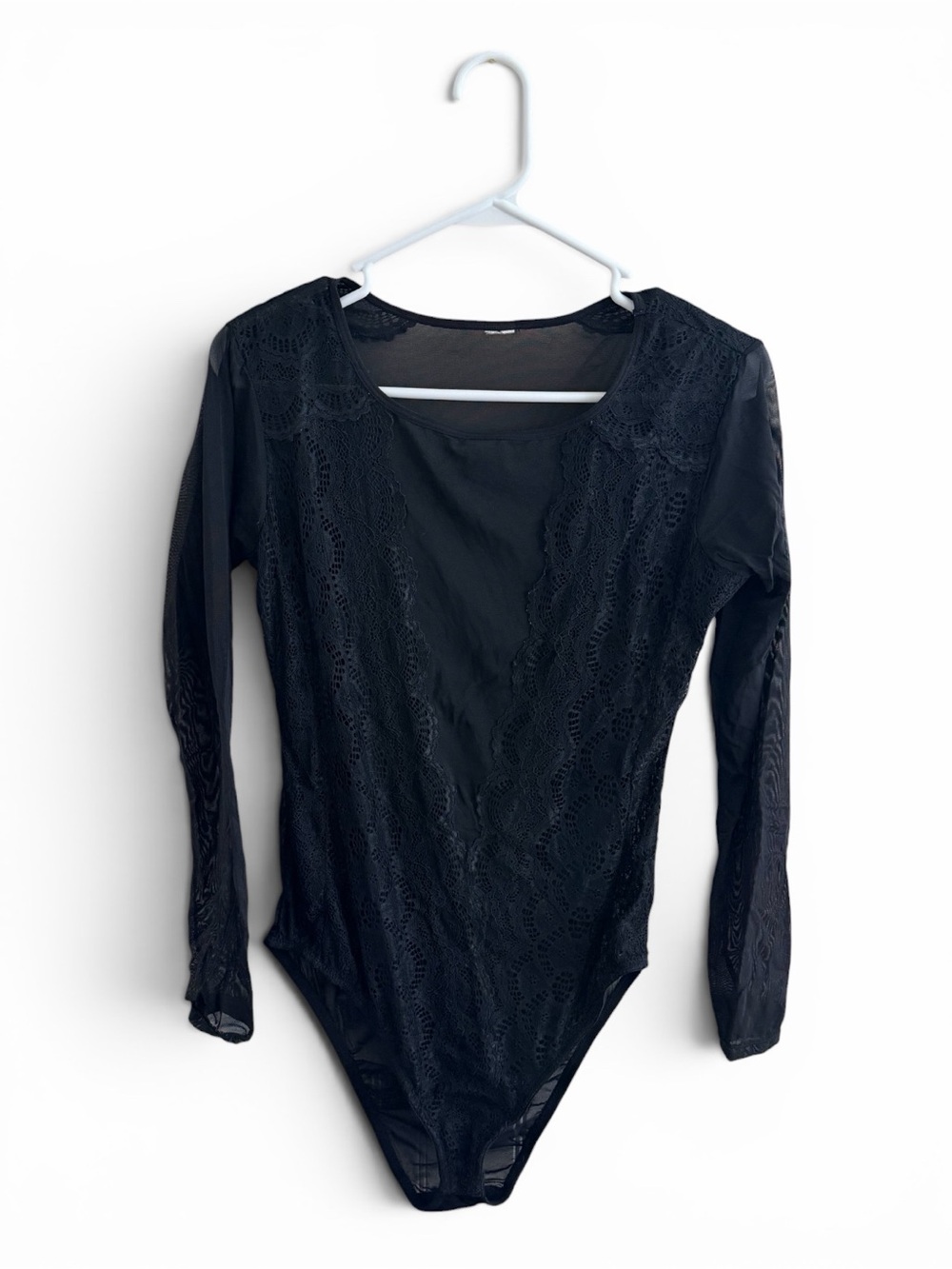 Black Long-Sleeve Lace Bodysuit - Women Tops